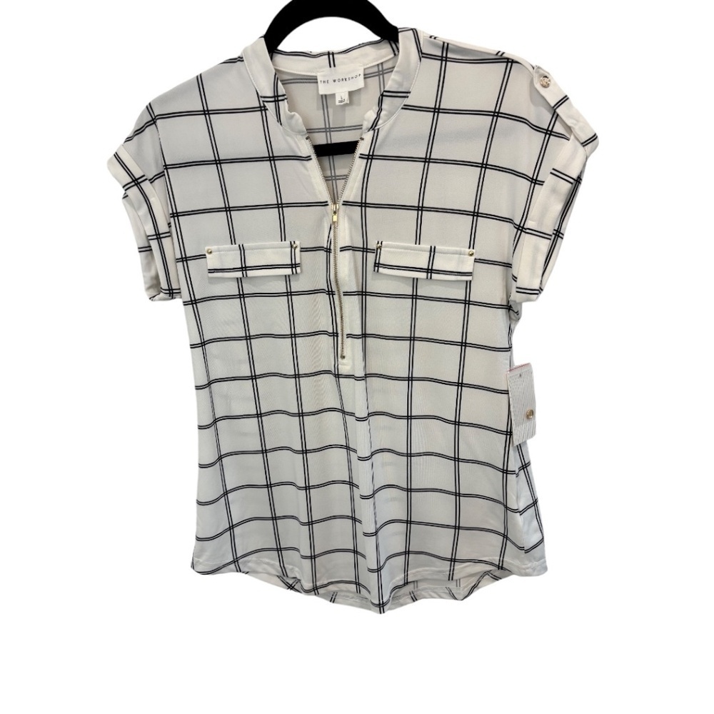 The Workshop Cap Sleeve 1/4 Zip Black White Plaid Top Size Large NWT